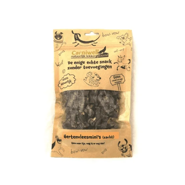 Met deze onweerstaanbare hypoallergene Carniwell Hertenvleesmini's krijg je alles gedaan! Ideaal voor bij de hondentraining of lekker als tussendoortje! De Carniwell Hertenvleesmini's is een onweerstaanbare en natuurlijke beloning om je hond te motiveren. De snacks bevatten bovendien één eiwitbron (100% Hert), hierdoor zijn de hertenvleesmini's ook geschikt voor honden met allergieën, voedsel-intoleranties en voor honden die op dieet zijn. De zachte hertenvleesmini's zijn rijk aan eiwitten. Alle vis- en vleesdelicatessen van Carniwell zijn lucht gedroogd, 100% natuurlijk en graanvrij.