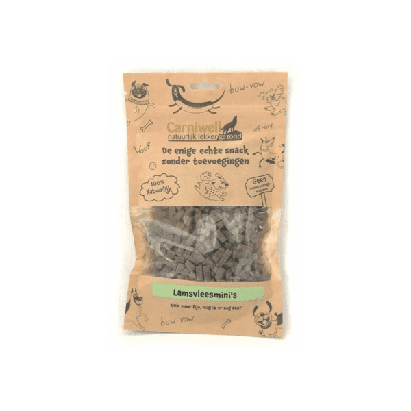Met deze onweerstaanbare Carniwell Lamsvleesmini's krijg je alles gedaan! Ideaal voor bij de hondentraining of lekker als tussendoortje! De Carniwell Lamsvleesmini's zijn een onweerstaanbare en natuurlijke beloning om je hond te motiveren. De trainertjes bevatten bovendien één eiwitbron (100% Lam), hierdoor zijn de Carniwell-trainertjes ook geschikt voor honden met allergiën, voedsel-intoleranties en voor honden die op dieet zijn. De zachte hertenvleesmini's zijn rijk aan eiwitten. Alle Carniwell vis- en vleesdelicatessen zijn lucht gedroogd, 100% natuurlijk en graanvrij.