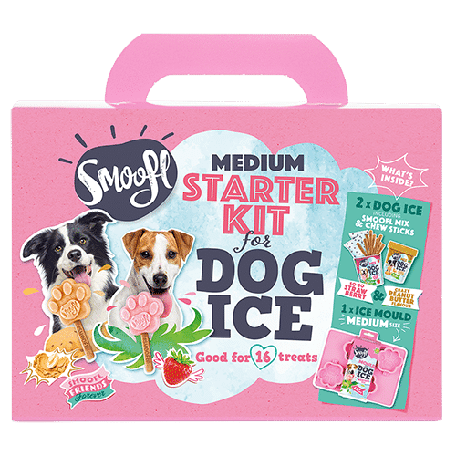 De Starter Kit voor hondenijsjes heeft alles wat je nodig hebt voor een pawtastisch moment quality time met je hond! Wat wil je nog meer? Je maakt er maar liefst 16 van je favoriete Smooflicious ijsjes mee, dat betekent 16 momenten van plezier! De ijsjes zijn klaar in 60 seconden. Ready, set, Smoofl! Voor 16 hondenijsjes 20 Chew Sticks inbegrepen (eetbaar) Met Medium ijsvorm Aarbei Mix Pindakaas Mix