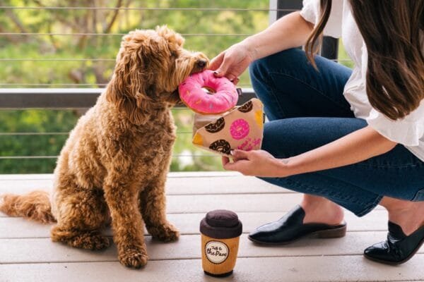 PLAY Pup Cup Cafe Doughboy Donut Take a break met de PLAY Pup Cup Cafe Doughboy Donut. Dit leuke hondenspeeltje in de vorm van een Donut to go mag niet ontbreken in de speelgoed collectie van jouw hond. Want zeg nou eerlijk; een heerlijke verse donut, daar kan je toch elke hond voor wakker maken?! Let op: Er is geen enkel hondenspeelgoed in de wereld wat niet kapot kan. Ondanks de dubbele stiksels, dubbele laag stof aan de buitenkant en de algehele stevigheid van het speelgoed, zou het kapot kunnen gaan. Op hondenspeelgoed zit geen garantie.Kies dus het juiste soort speeltje voor jouw hond zijn kauw- en speelbehoefte. Haal kapotte speeltjes meteen weg en laat jouw hond alleen spelen onder toezicht. Over P.L.A.Y. Hondenspeelgoed PLAY staat bekend om hun fantastische design en vrolijke, aansprekende kleuren. Bij A Lot for Doodles vind je een ruim assortiment van PLAY hondenspeelgoed. Shop naast de Barking Brunch collectie ook de Tropical Paradise Collectie van PLAY in onze shop! PLAY Dog Toys Het hondenspeelgoed van P.L.A.Y. is handgemaakt en de stevige buitenkant en dubbel gestikte randen zorgen voor extra duurzaamheid. De vulling van de speeltjes is gemaakt van gerecycled materiaal. Verder voldoet het hondenspeelgoed van Play aan dezelfde strenge kwaliteitsnormen voor het vervaardigen van baby- en kinderspeelgoed. In de speeltjes worden er AZO-vrije kleurstoffen gebruikt. Daarnaast zijn de speeltjes geschikt voor de wasmachine en droger. P.L.A.Y. hondenspeelgoed Het hondenspeelgoed van PLAY wordt in Amerika ontworpen. Bekend van Instagram Als jij honden volgt via Instagram, dan kan het niet missen dat je de P.L.A.Y. hondenspeeltjes wel eens voorbij hebt zien komen. Niet zo gek want de grappige en levensechte speeltjes zijn perfect voor een geweldige foto samen met jouw hond. Vergeet je A Lot for Doodles niet te taggen op Instagram? PLAY hondenspeeltjes bij A Lot for Doodles Bestel je Play hondenspeelgoed eenvoudig bij A Lot for Doodles. Of je nu een lief en schattig knuffeltje zoekt of een grappige, ondeugende speelkameraad voor je hond, je slaagt zeker weten met het ruime assortiment wat uit voorraad leverbaar is. Heb je vragen over onze producten of advies nodig wat je het beste kunt bestellen? Neem gerust contact met ons op, we helpen je graag verder.